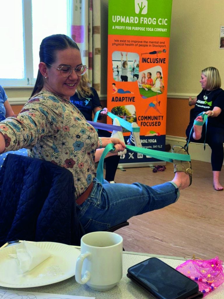 Upward Frog delivers a free mixed mat and chair yoga class for women war veterans in Hazel Grove Civic Hall for International Women's Day 2025