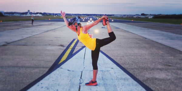 Yoga on an airport runway