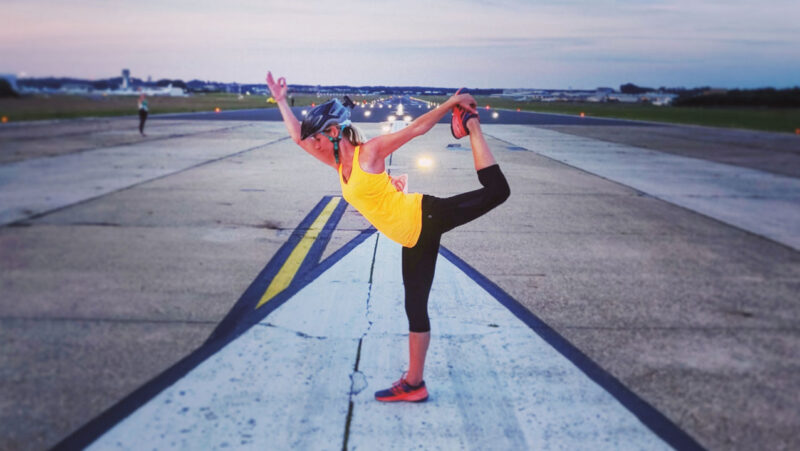 Yoga on an airport runway