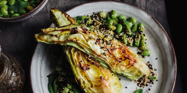 Charred Hispi cabbage with sesame edamame and gomashio