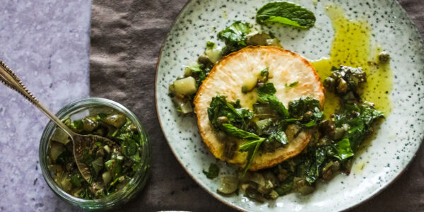 Roast celeriac steaks with salsa verde