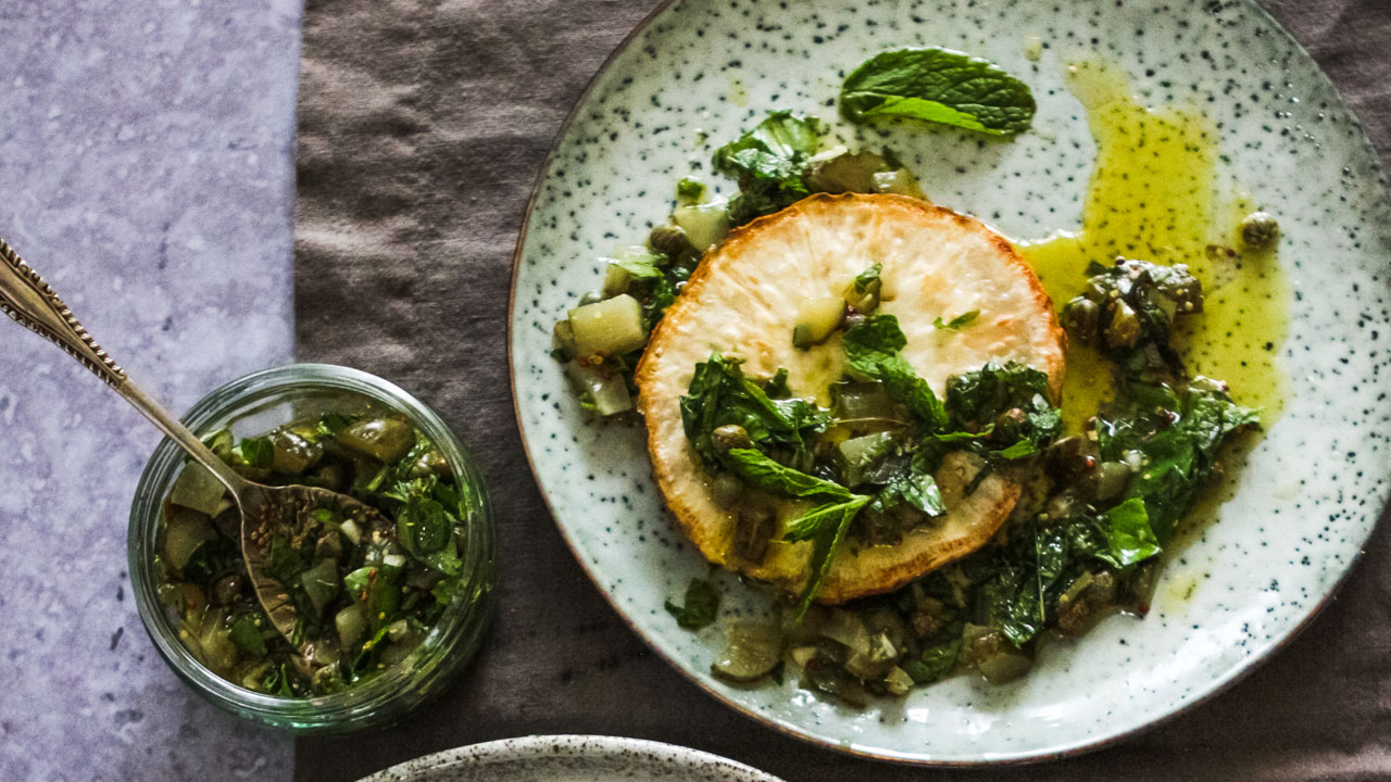 Roast celeriac steaks with salsa verde