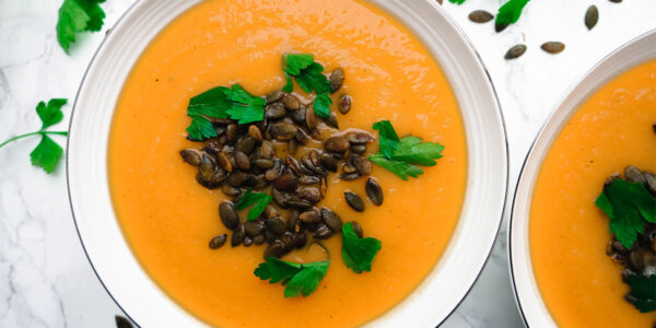 Butternut squash and apple soup with spiced pumpkin seeds