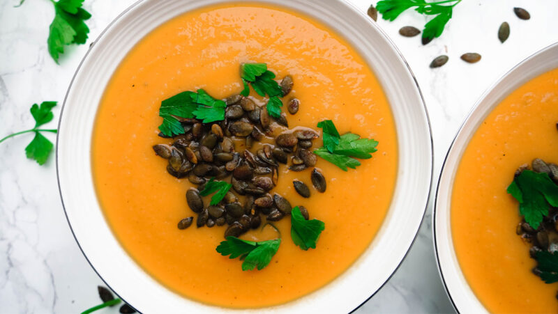 Butternut squash and apple soup with spiced pumpkin seeds
