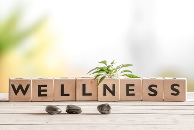 Wellness sign with wooden cubes and flowers and stones