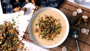 Jerusalem Artichoke Soup with Sautéed Chestnut Mushroom Crumb