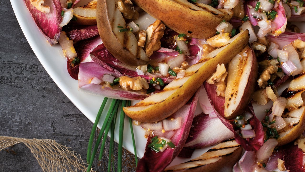 Grilled Pear, Chicory and Walnut Salad