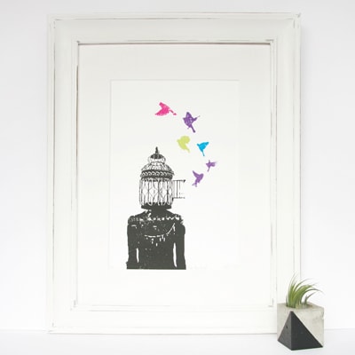 Free Your Mind Framed Birdcage Birds Freedom Screenprint Katie Edwards Illustration Art