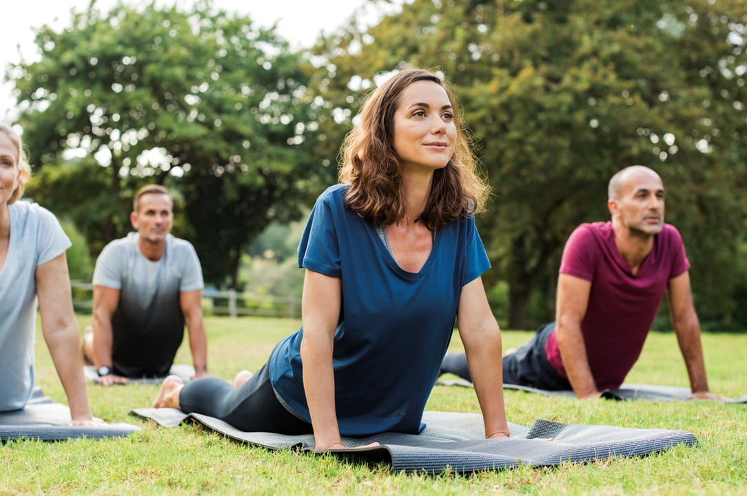 Mature healthy people doing yoga at park. Group of multiethnic people exercising on green grass with yoga mat. Happy men and smiling women in yoga class doing exercise outdoor.