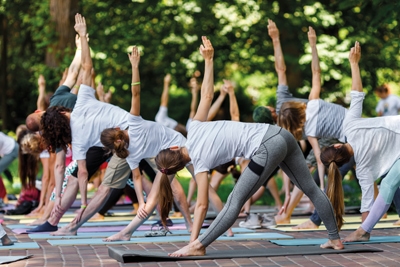 Group free exercise class for people of different age and gender in the city park. International Day of Yoga, summer