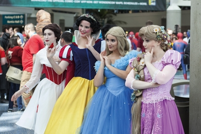 WONDERCON: Los Angeles Convention Center, March 25 thru 27, 2016. Cosplayers and fans come out for the annual WonderCon comic and entertainment convention in Los Angeles. Disney Princesses.