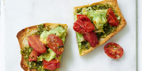 Smashed Avo Toast with Roasted Tomatoes & Pesto