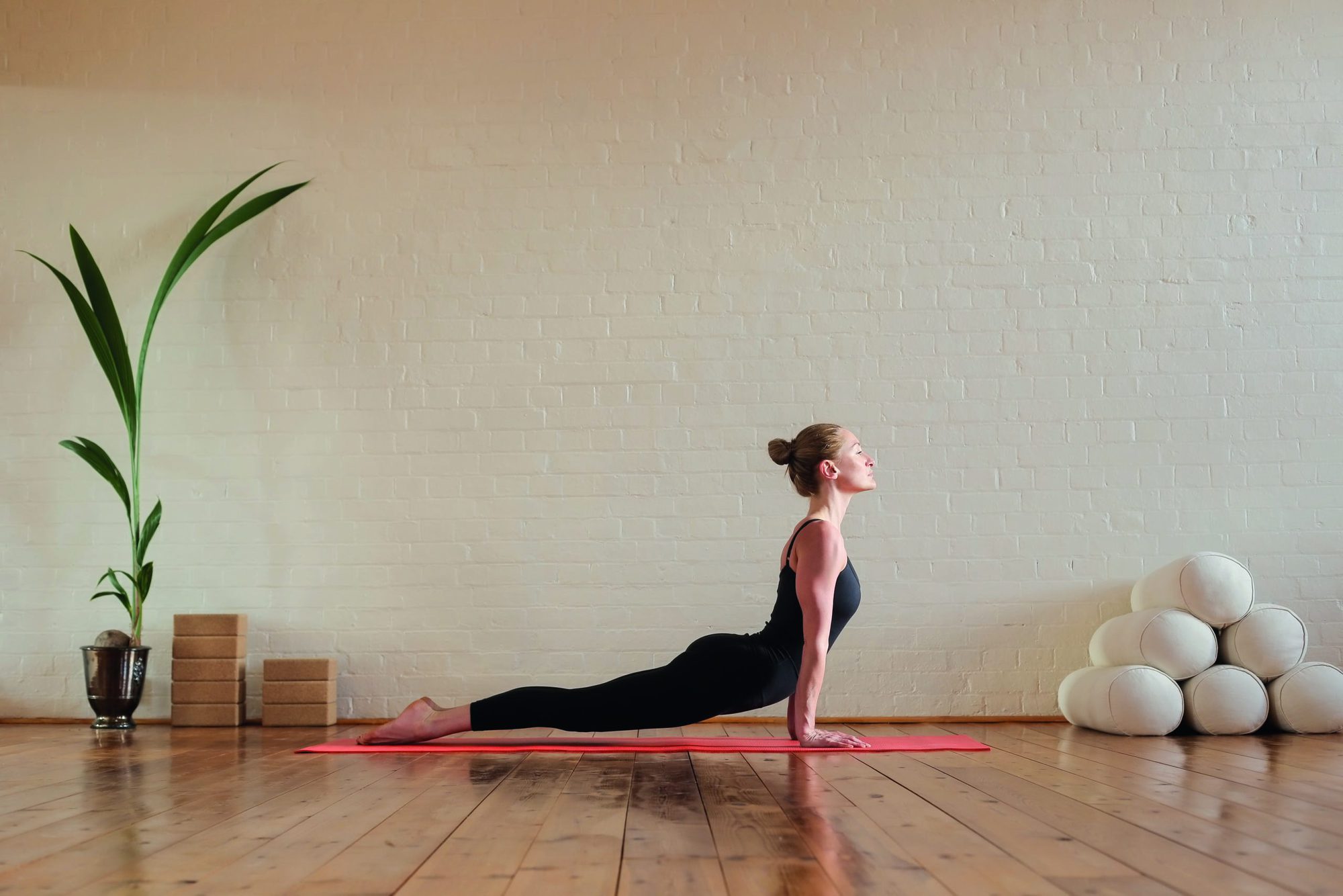 Young woman practicing the Urdhva Mukha Svanasana yoga pose at home during self-isolation under covid-19 situation with head pillow under morning sunlight