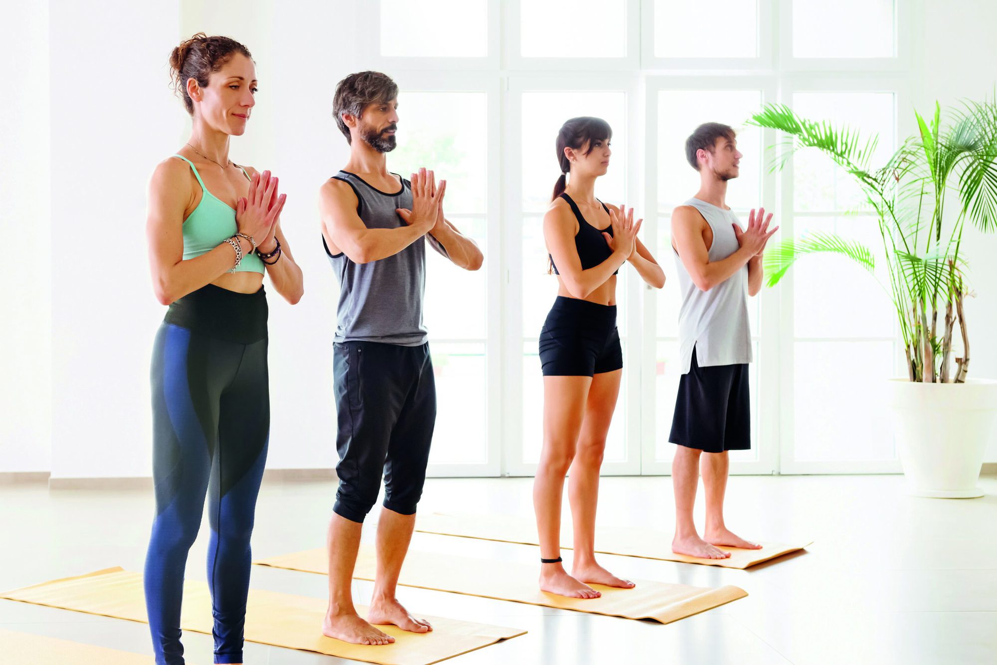 Small group of young sporty people practicing yoga indoors, doing Mountain pose or Tadasana exercise, standing in spacious studio against bright window