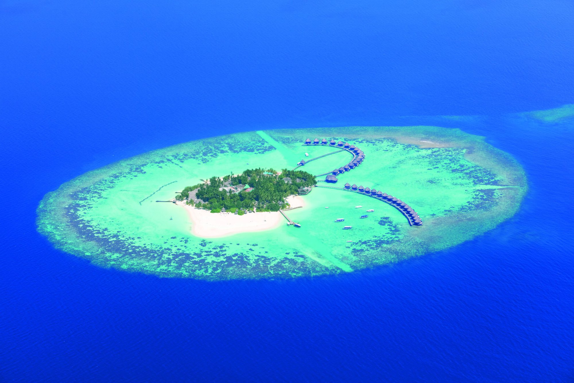 Aerial view on Maldives island, Raa atol