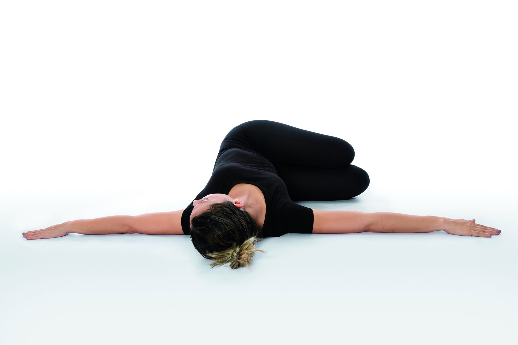 Supta Matsyendrasana yoga pose (Reclined Spinal Twist pose). Yoga poses woman isolated with white background. Yoga pose set. Mindfulness and Spiritually concept. Girl practicing Hatha Yoga asanas