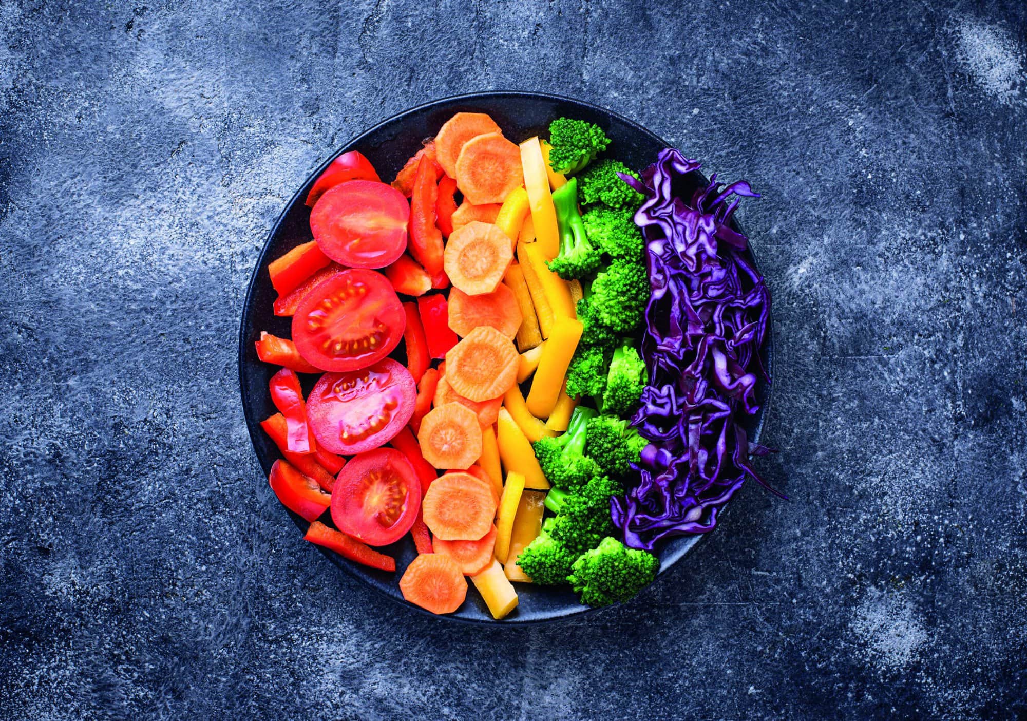 Fresh healthy vegetarian rainbow salad. Top view