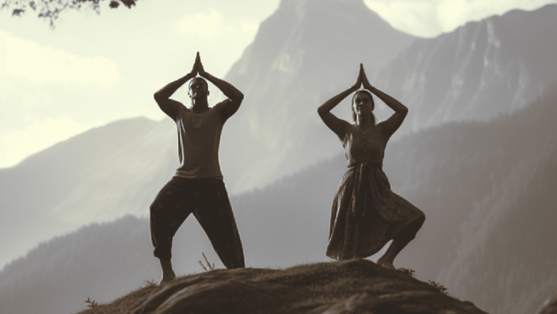 Drtracy_two_people_a_man_a_woman_tree_pose_yoga_asana_mountain__c5e7f31a-e885-4edb-94fe-6c6bb9d26afc