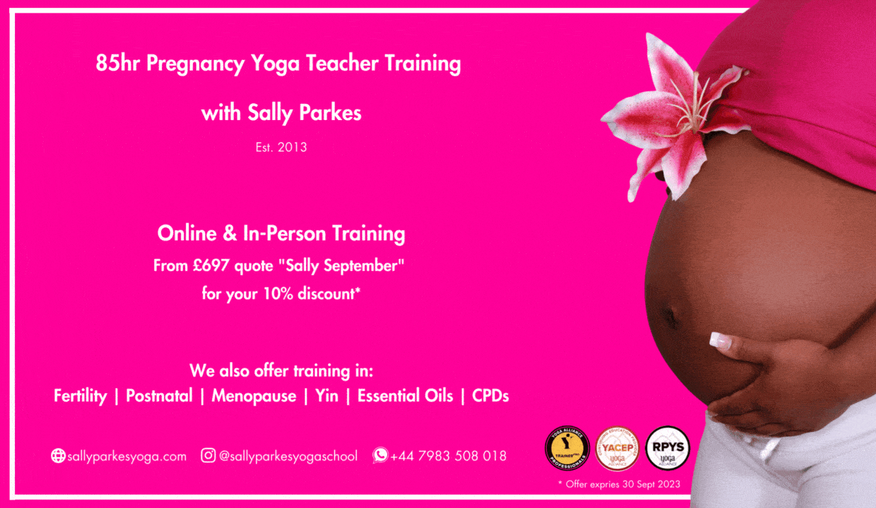 Sally Parkes Pregnancy Yoga Teacher Training Om 1P Advert 2023 Sept - 1240w × 720h px