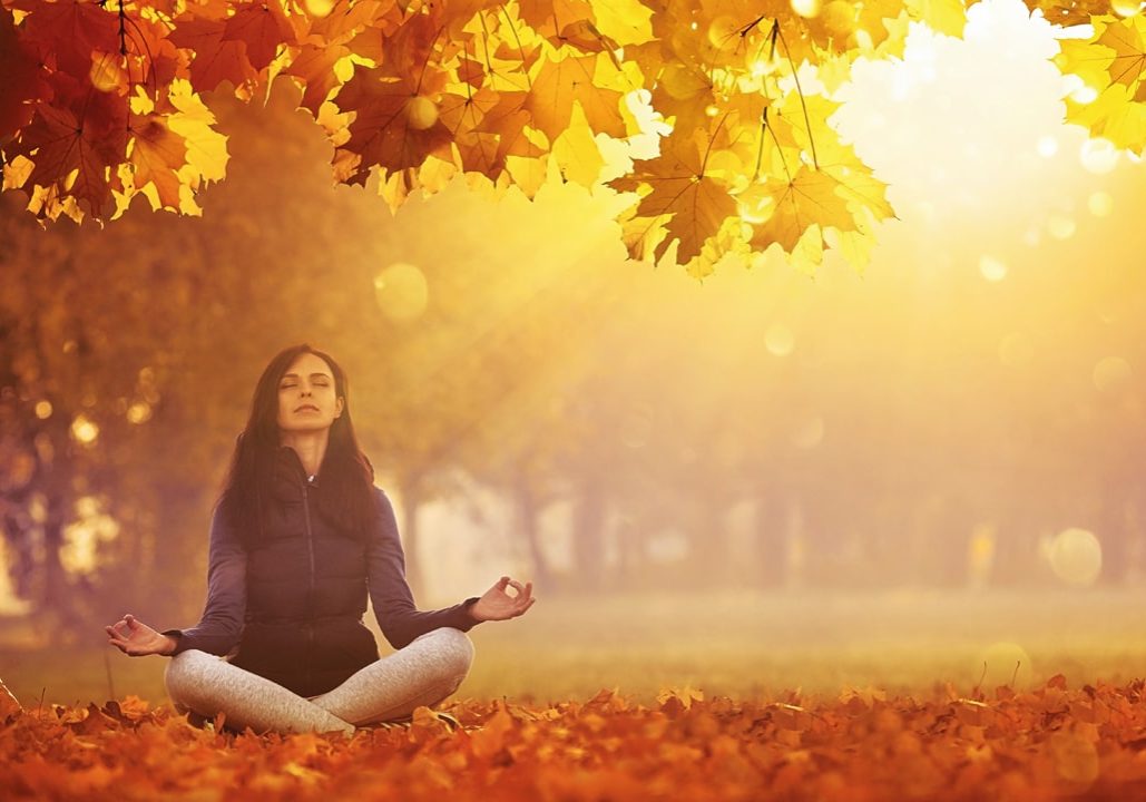 Beautiful Young Woman Meditating Outdoors In Autumn Park. Fall Scene