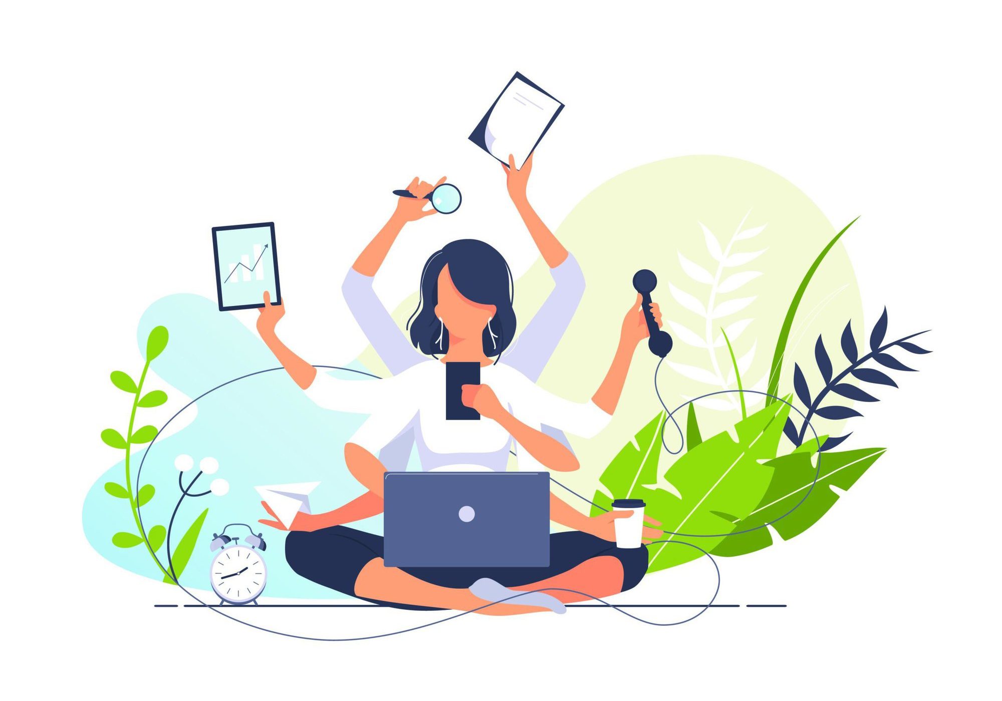 Vector illustration concept of business woman practicing meditation in office. The girl sits in the lotus position, the thought process, the inception and the search for ideas. Practicing Yoga in work. Time management